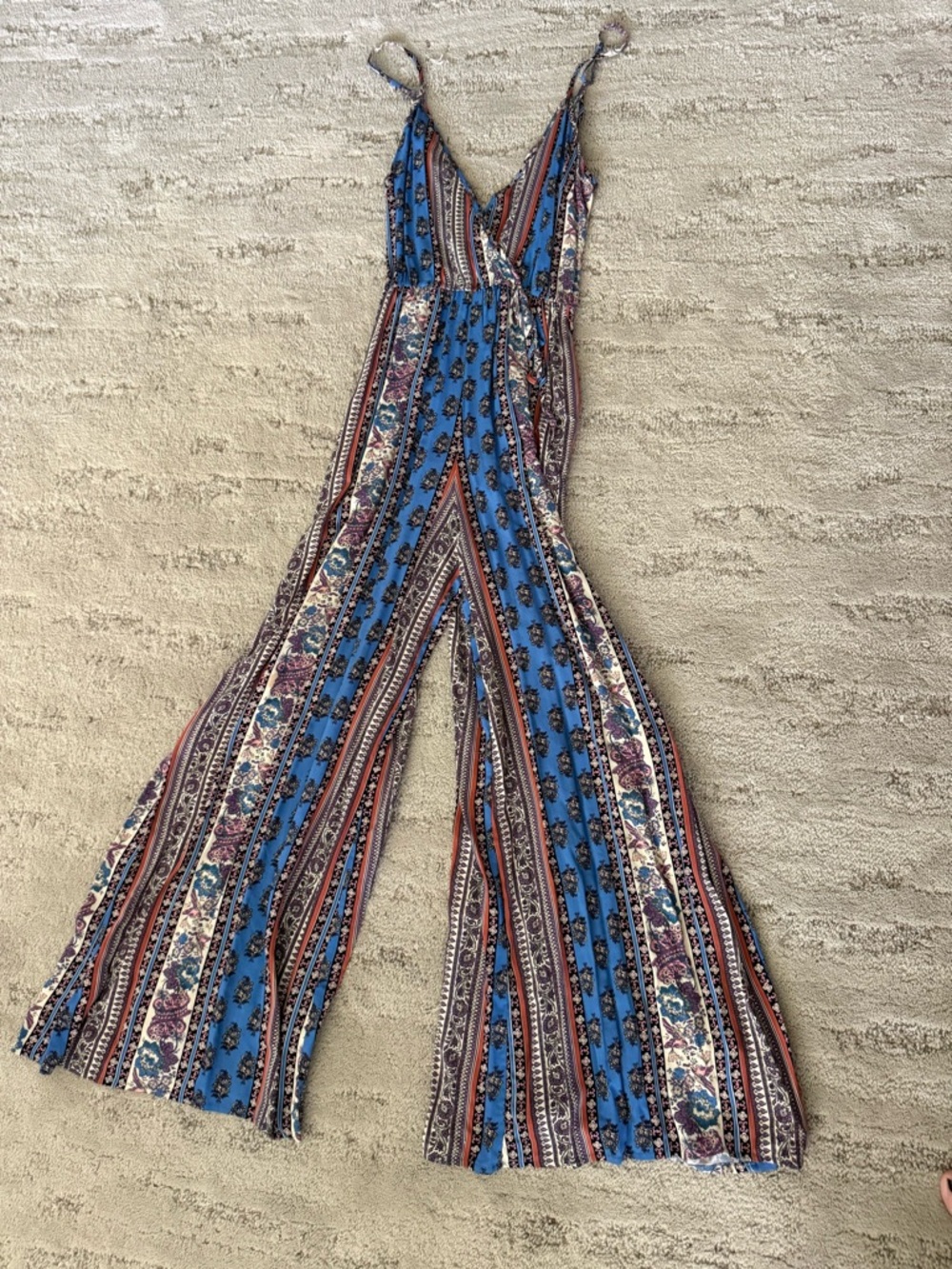 Band of Gypsies Blue Floral Stripe Wrap Jumpsuit